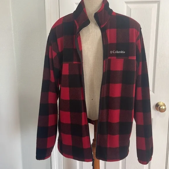 Columbia jacket fleece full zipper pockets Red Black plaid men’s size L large